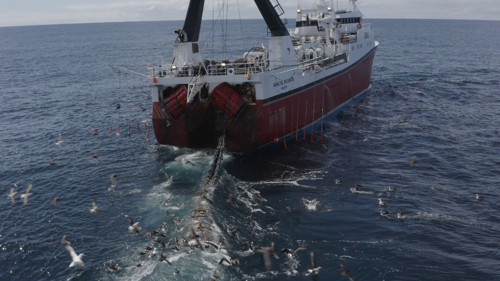 Aerial view of trawler hauling nets
