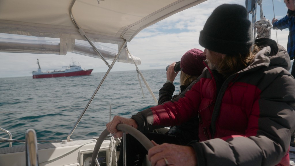 Crew watching trawler through binoculars